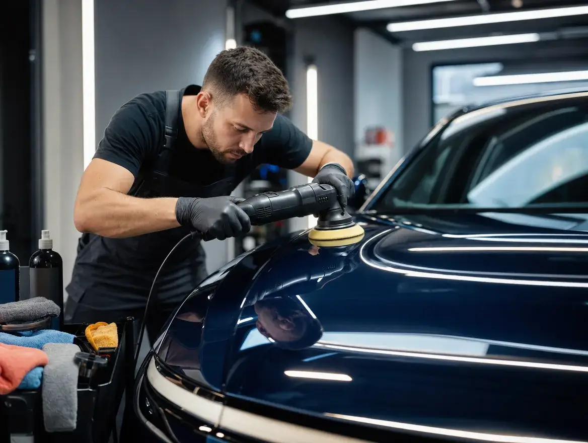 Detailer machine polishing the bonnet of a dark car under inspection lighting