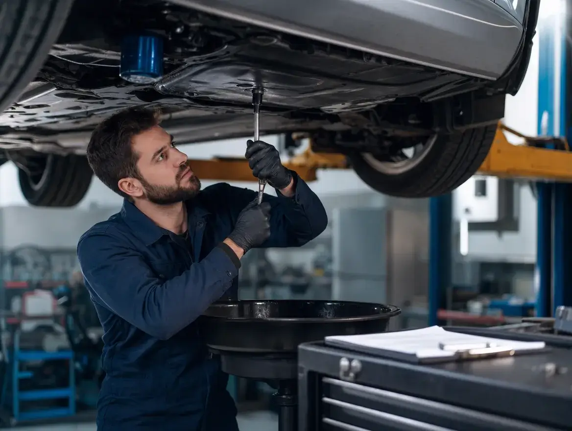 Mechanic performing a log book car service on a hoisted sedan at the Dandenong Auto Works workshop