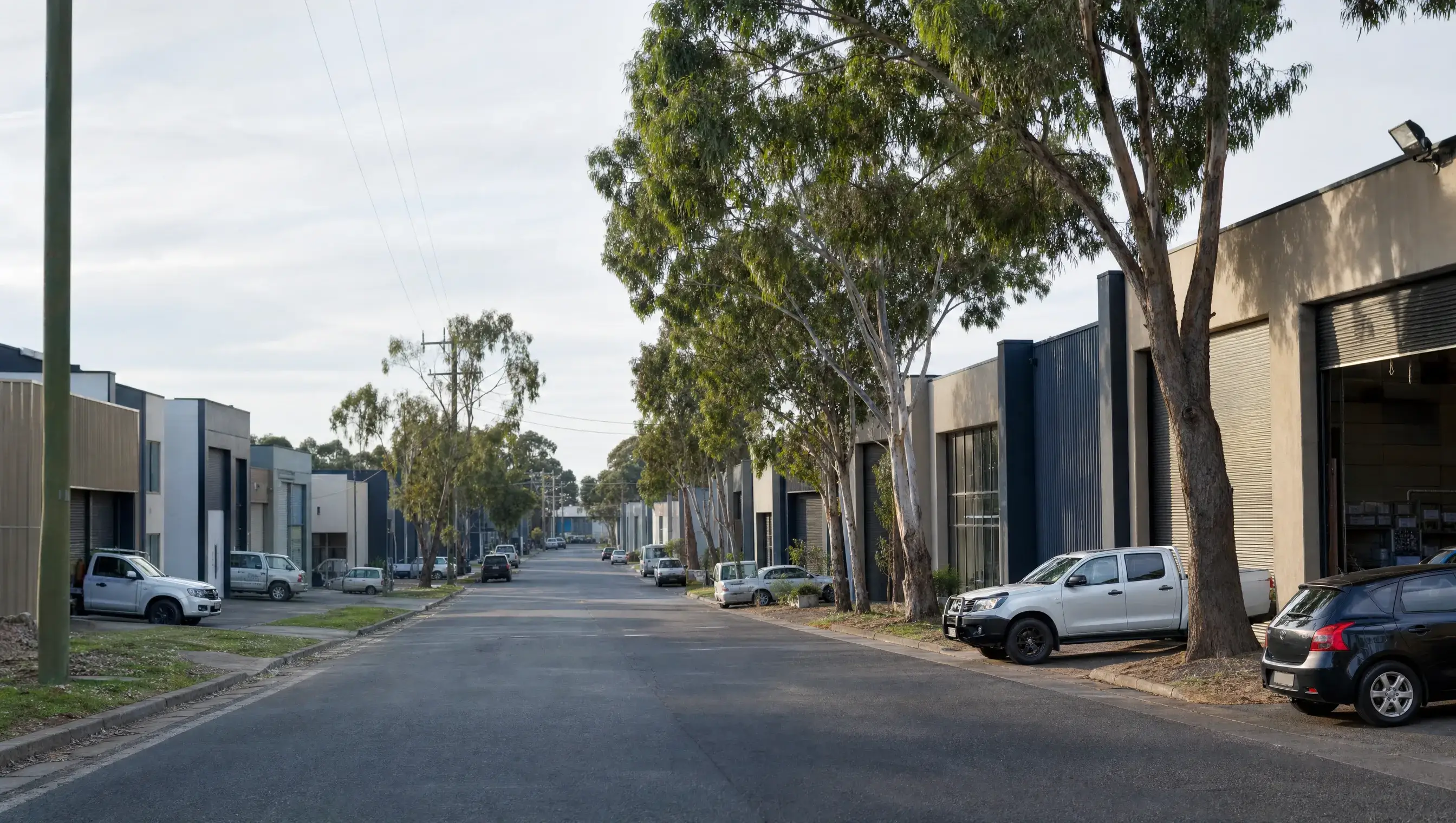 Street-level view of the industrial and retail strip along Frankston-Dandenong Road in Dandenong, Victoria