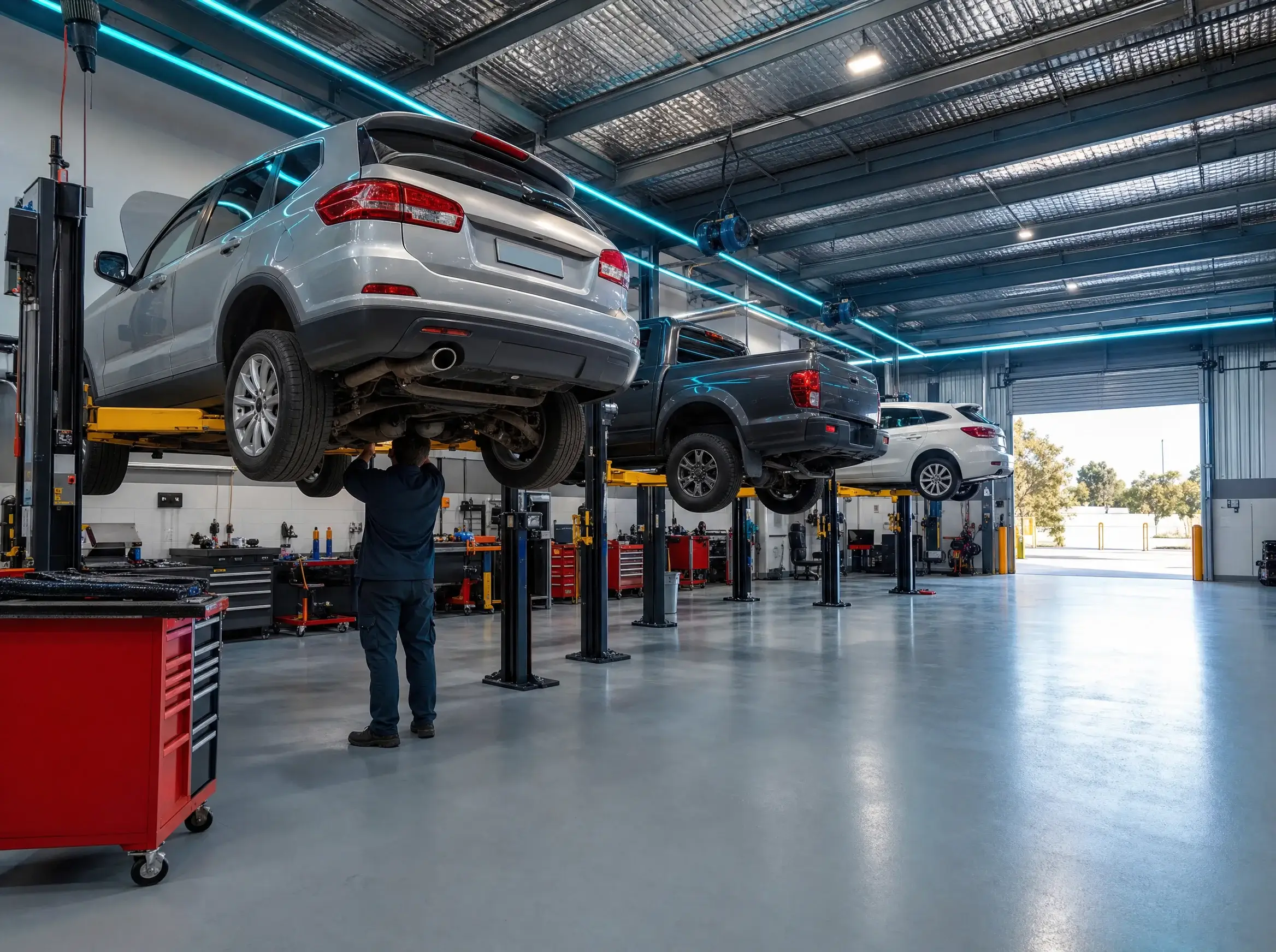 Technicians at work across the service, tyre and panel bays of the Dandenong Auto Works workshop