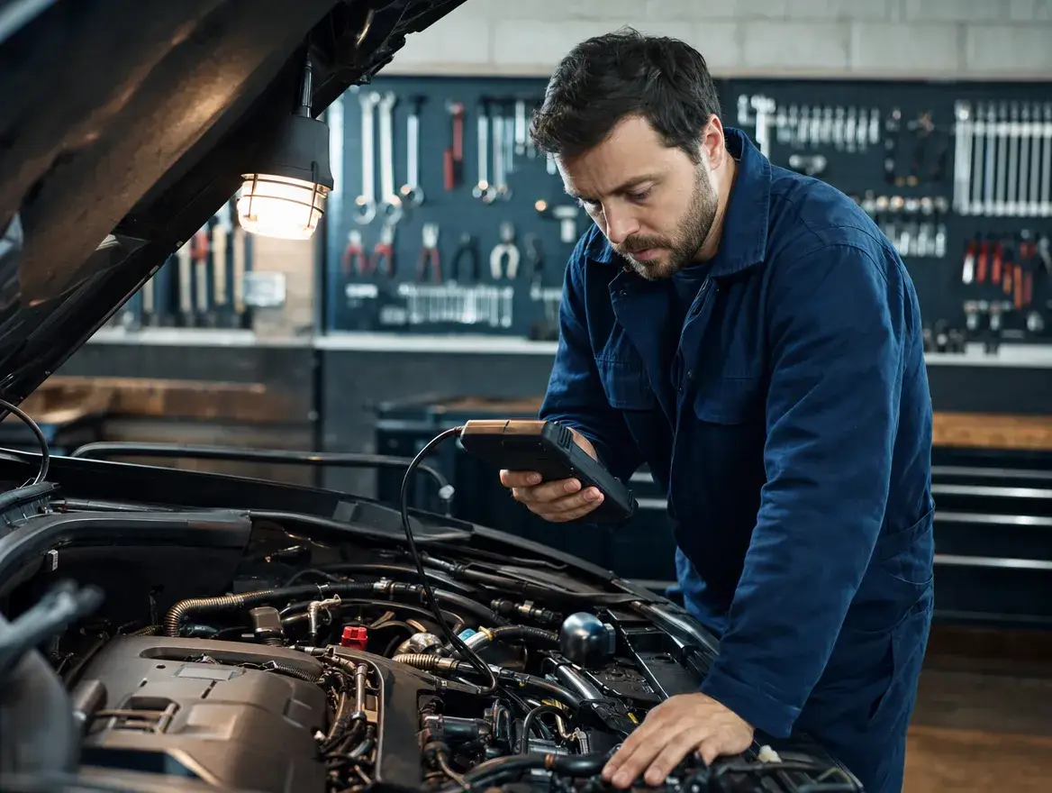 Mechanic reading live engine data on a diagnostic scan tool beside an open engine bay