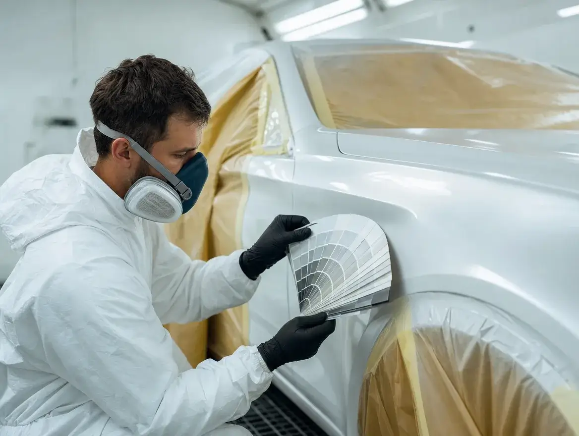 Panel beater colour matching paint on a repaired front quarter panel in a Dandenong smash repair bay