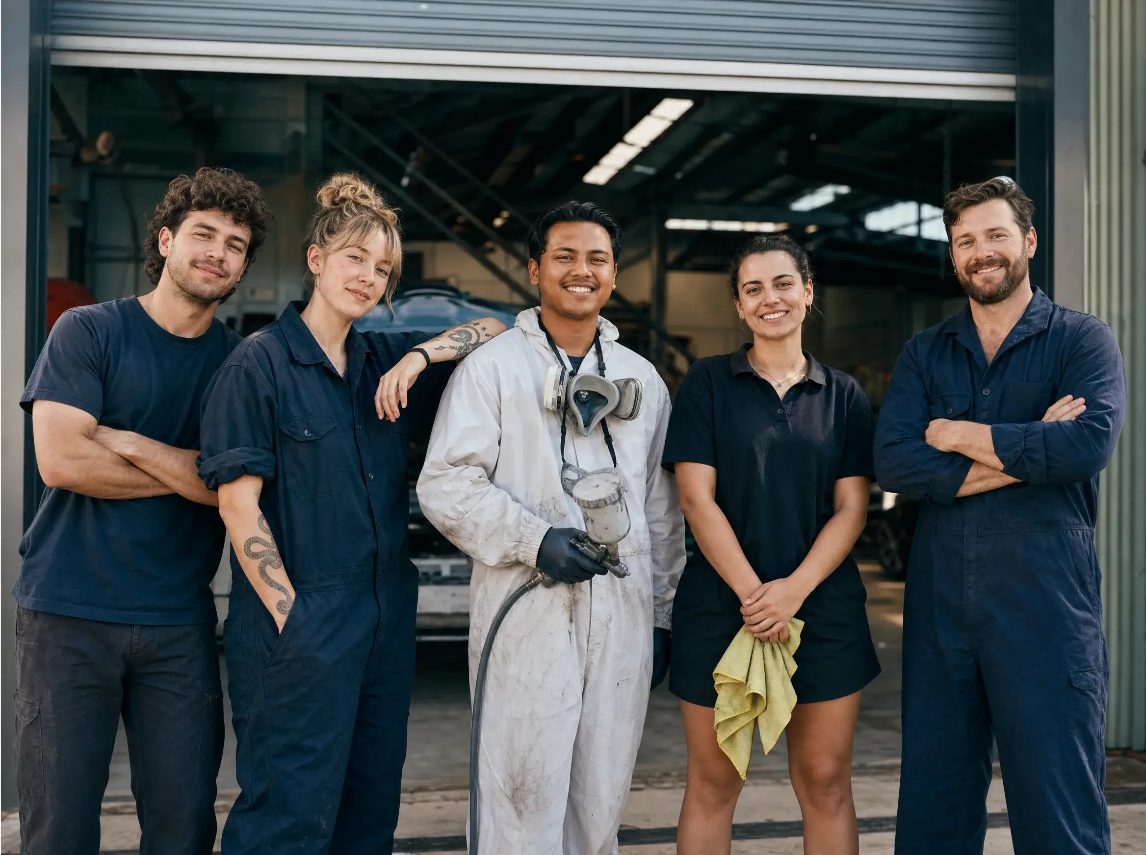 The Dandenong Auto Works team of mechanics, panel technicians and detailers outside the workshop