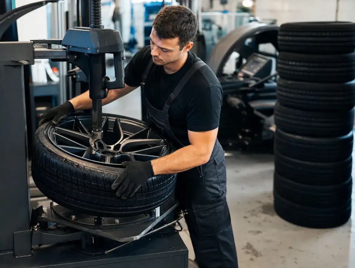 Technician mounting a new tyre on an alloy wheel with a balancing machine in the background