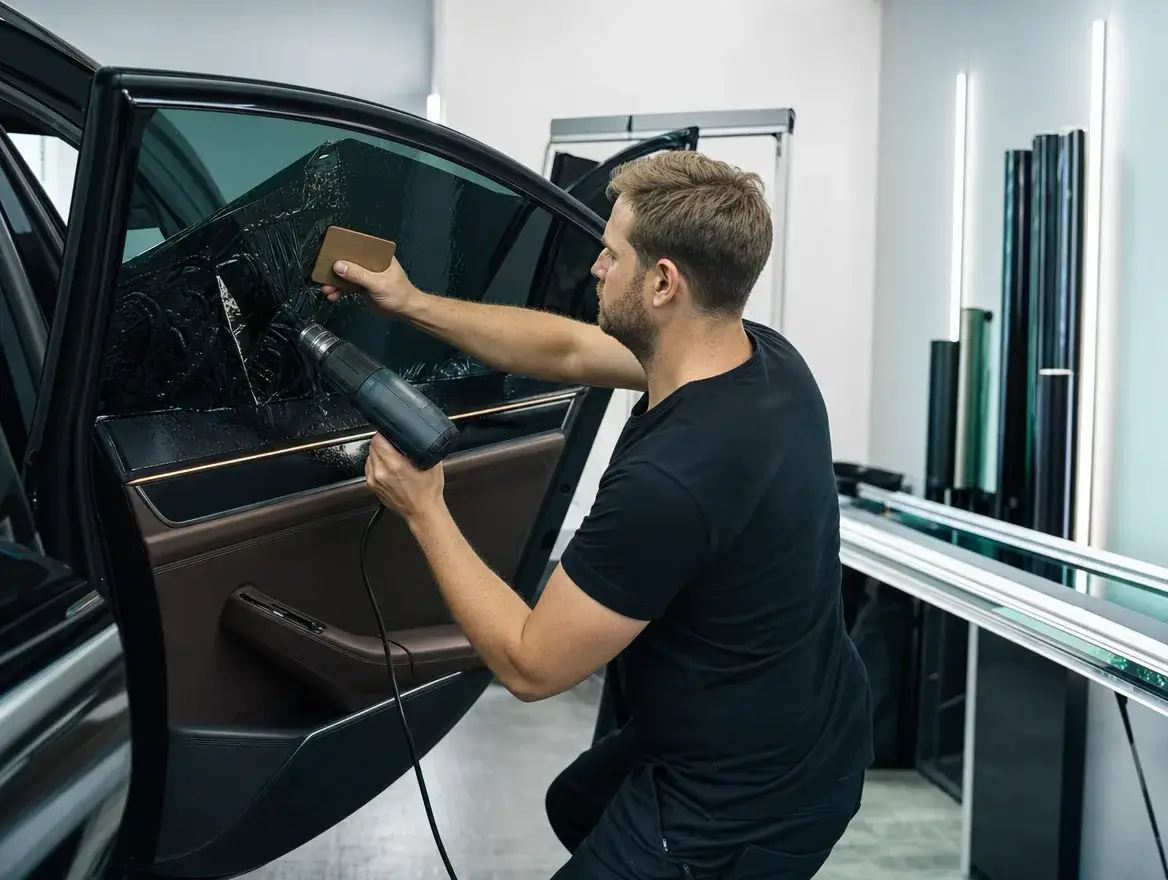 Installer heat-shrinking ceramic window tint film onto a car door glass