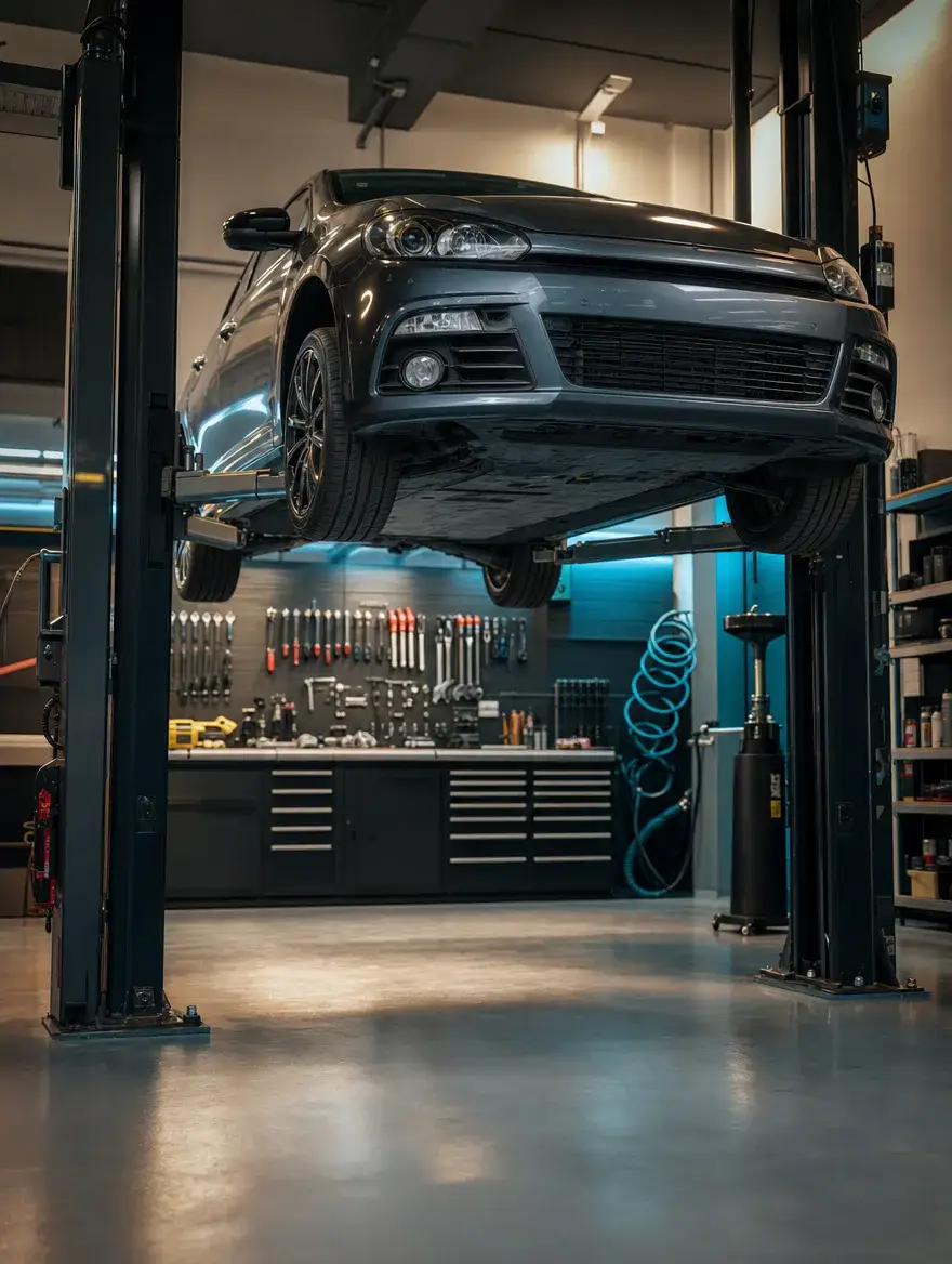 Inside the Dandenong Auto Works workshop, with vehicles on hoists across the service and tyre bays